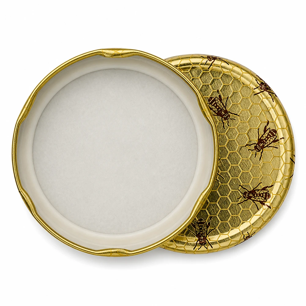 Geöffnetes 230ml Sturzglas mit abnehmbarem goldenen Bienenwaben-Deckel zeigt Innenansicht und Verschlussmechanismus