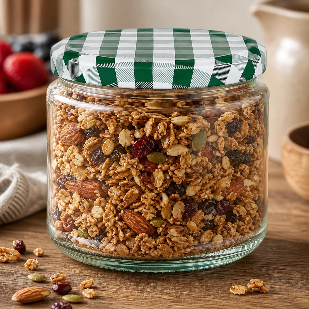 330ml Rundglas + BasicSeal Deckel grün/weiß UNiTWIST Einmachglas 330ml mit Müsli gefüllt zeigt praktische Verwendung zur Vorratshaltung von Nüssen und Trockenfrüchten