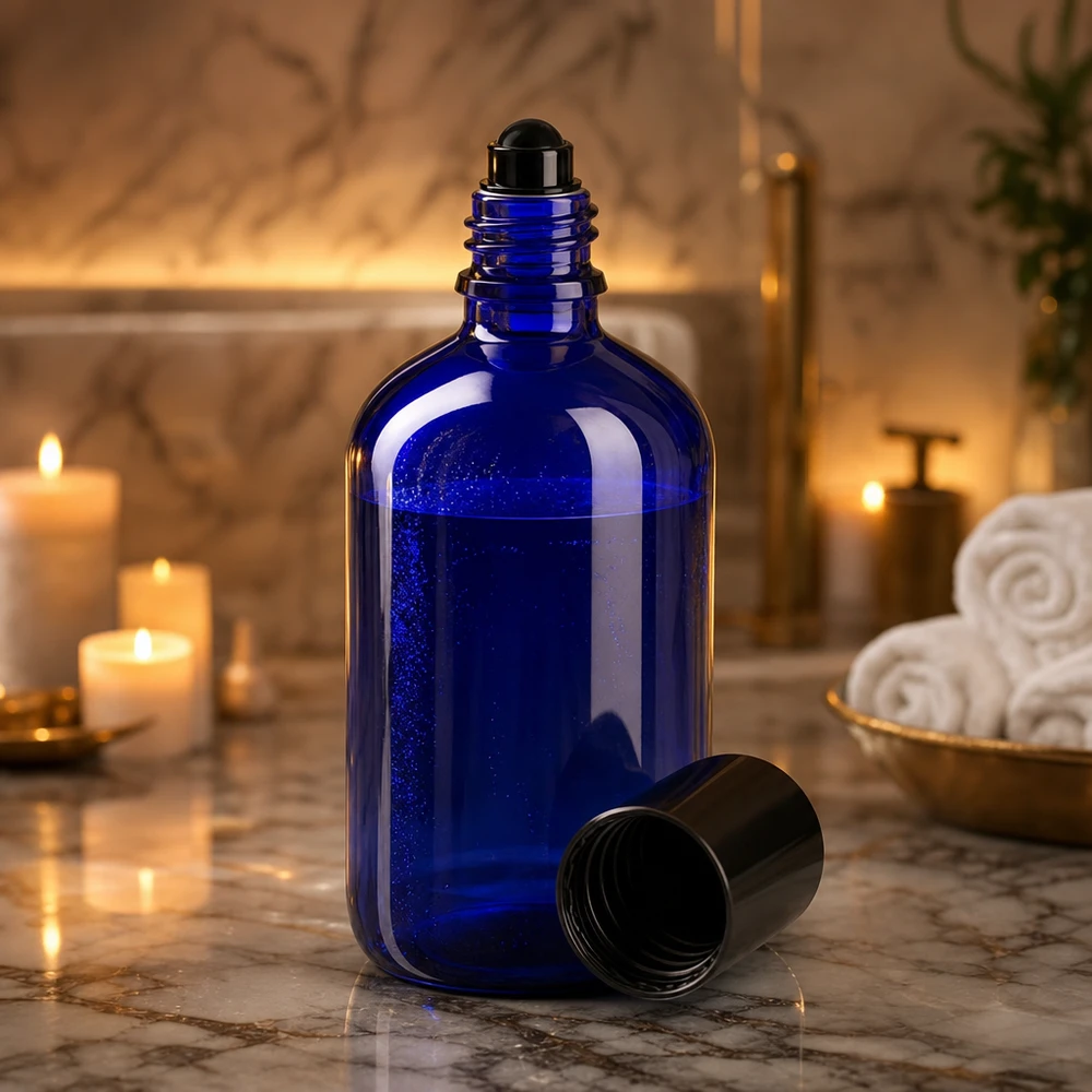 Blaue Apothekerglas Flasche 100ml mit Rollkugel im stilvollen Spa Ambiente mit Kerzen