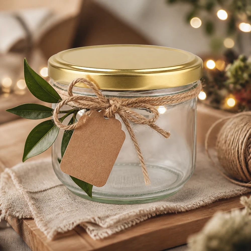 260ml Sturzglas BasicSeal Deckel gold UNiTWIST weihnachtlich dekoriert mit Bastband und Geschenkanhänger