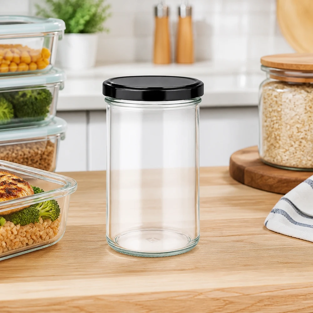 277ml Sturzglas mit BasicSeal Deckel schwarz UNiTWIST 277ml Sturzglas mit schwarzem Deckel in moderner Küche - ideal für Vorratshaltung und Meal Prep
