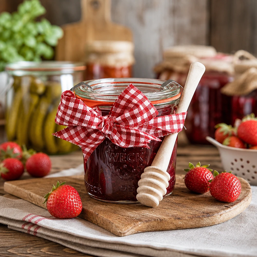 WECK-Mini-Sturzglas 140ml komplett mit Honiglöffel WECK Sturzglas 140ml gefüllt mit Erdbeermarmelade Honiglöffel Holz frische Erdbeeren rustikale Küche Einkochen