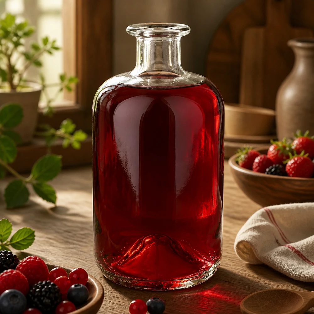 Glasflasche Luna 500ml mit rotem Beerensaft befüllt zwischen frischen Beeren auf rustikalem Holztisch als Deko-Inspirati