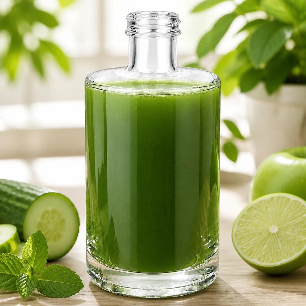 375ml Glasflasche Sam mit grünem Smoothie gefüllt neben Gurke Limette und Minze auf hellem Holzuntergrund
