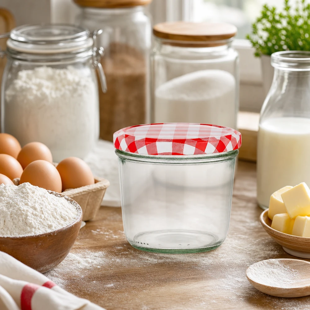 Leeres 230ml Sturzglas mit rot-weiß kariertem BasicSeal Deckel in Backküche zwischen Mehl Eiern und Milchprodukten