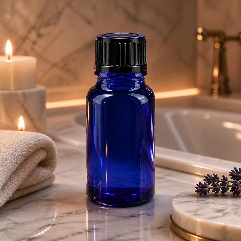 Blaue Flasche mit schwarzem Schraubdeckel 10ml für Kosmetik und Naturheilkunde