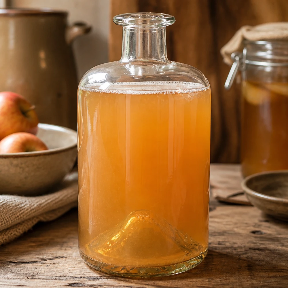 500ml Apothekenflasche "Classic" ohne Verschluss UNiTWIST® 500ml Apothekerflasche Sofia mit Kombucha befüllt fermentiertes Getränk Küche rustikaler Holztisch Glasflasche UNiTWIST