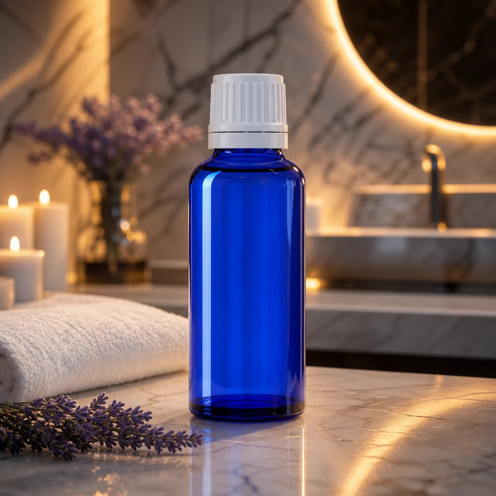 Apothekenflasche blau 30ml Tropfverschluss 1.2mm weiß Originalitätsverschluss Kobaltblaue Glasflasche 30ml mit 0,7mm Tropfeinsatz in luxuriösem Spa-Ambiente mit warmem Licht