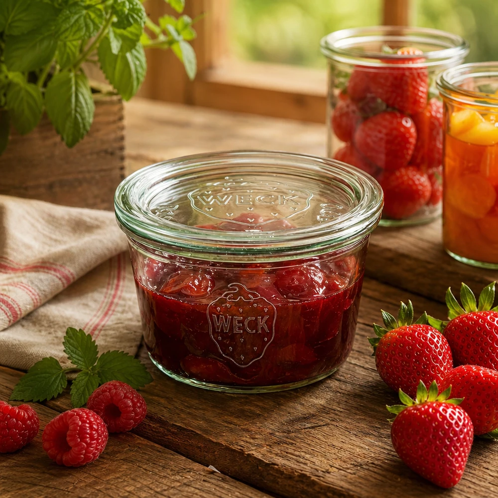 WECK Einmachglas 290ml mit Erdbeermarmelade gefüllt auf Holztisch mit frischen Beeren und Küchenambiente