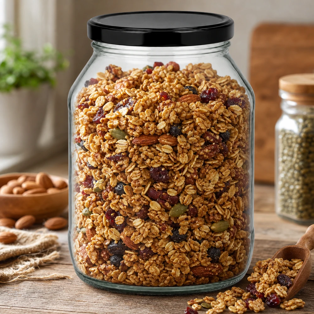 2650ml Rundglas mit BasicSeal Deckel schwarz UNiTWIST Großes 2650ml Rundglas mit schwarzem Deckel gefüllt mit Müsli und Nüssen zeigt praktische Küchenaufbewahrung