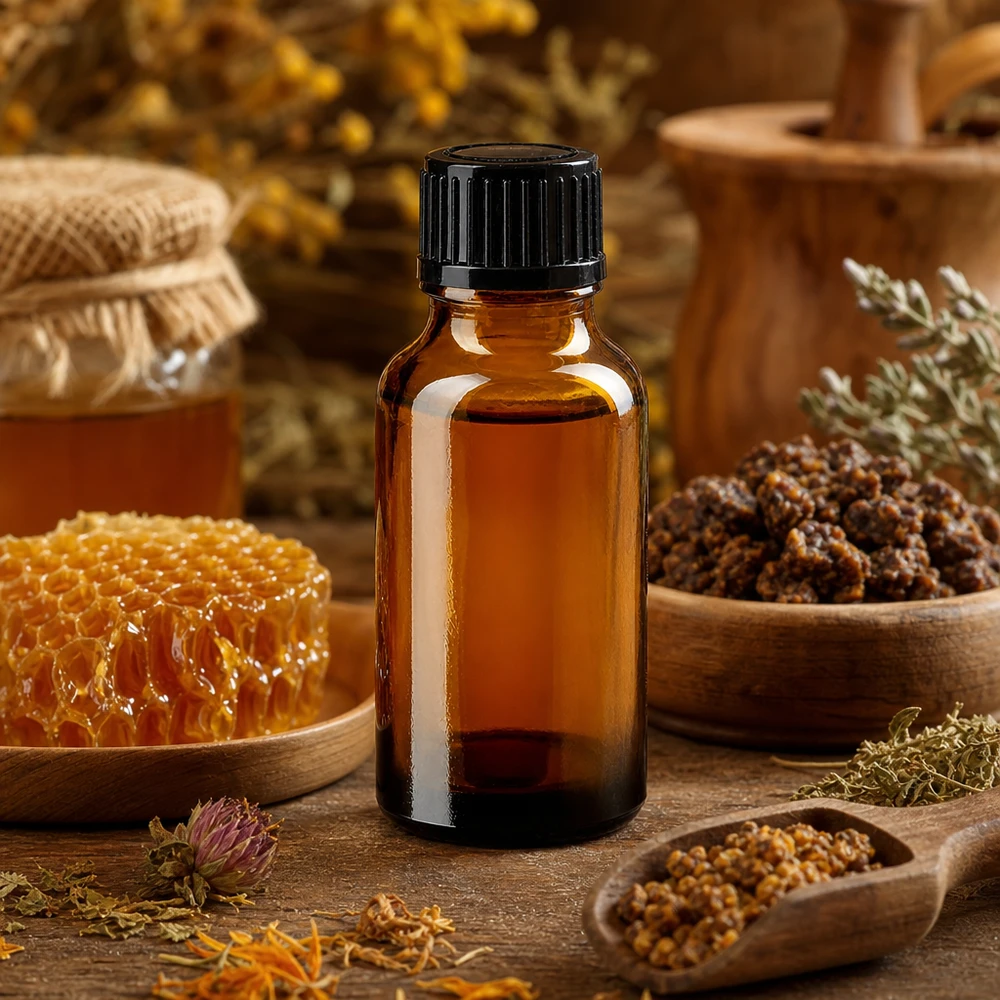 Apothekerflasche 20ml Braunglas mit 11mm Verschluss zwischen Propolis Honig und Heilpflanzen