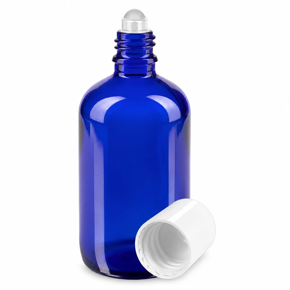 Apothekenflasche blau 100ml Roll-On Verschluss weiß Blaue Glasflasche 100ml mit Roll-On Applikator und weißer Schraubkappe STD ApoGlas
