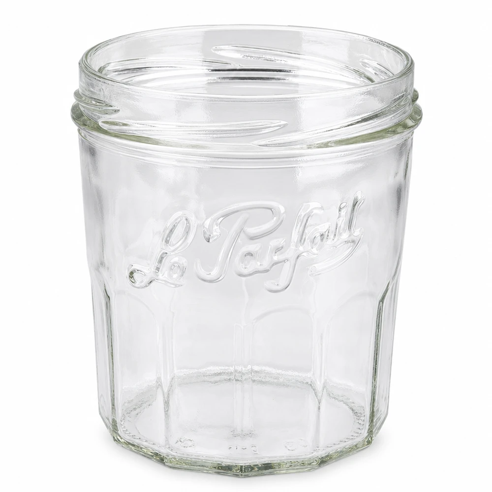 324ml Le Parfait Einmachglas ohne Deckel zeigt klassisches Relief-Design und Schraubgewinde für Marmelade