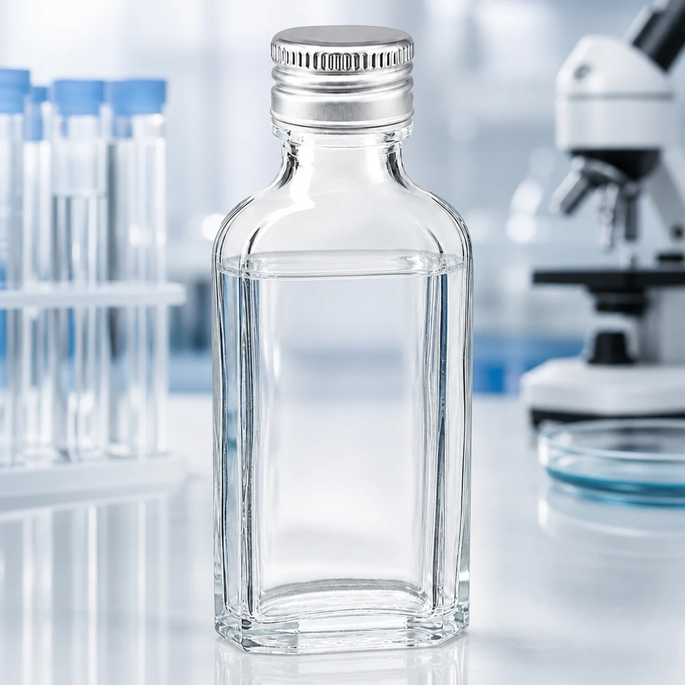 Rechteckige Meplat Glasflasche 50ml mit silbernem Alu Schraubdeckel PP22 im Laborkontext