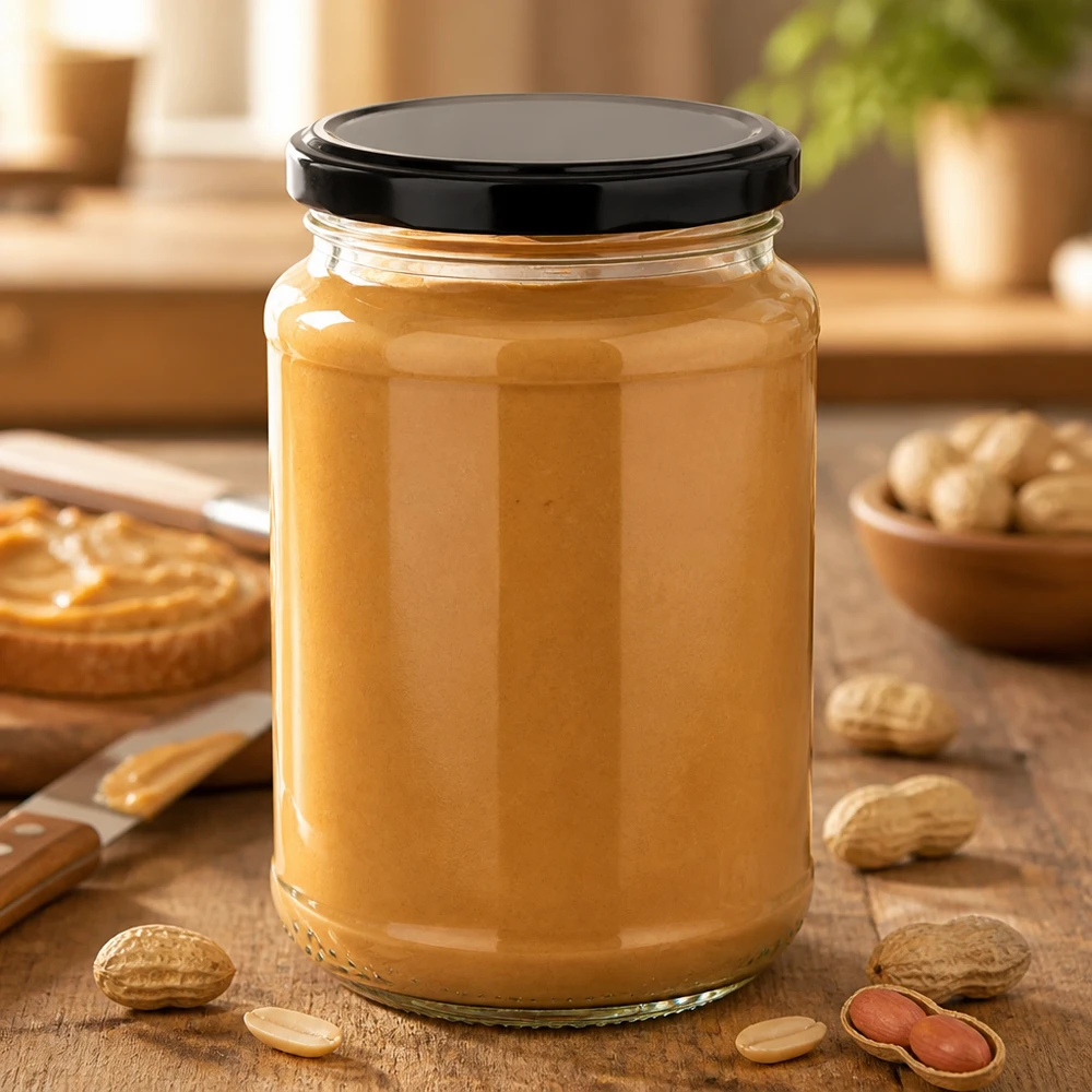 320ml Rundglas + BasicSeal schwarz UNiTWIST UNiTWIST Rundglas 320ml mit BasicSeal schwarz Twist-Off für Erdnussbutter neben frischen Erdnüssen