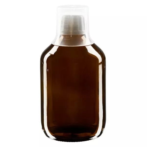 300ml Medizinflasche braun, Verschluss Originalitätsverschluss mit Dosierbecher 30ml ApoGlas