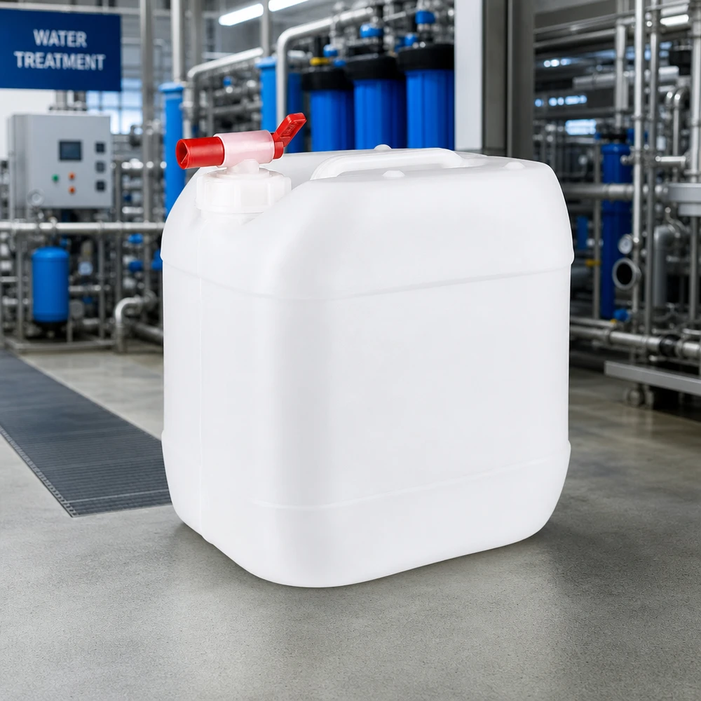 Robuster Flachkanister 15 Liter transluzent weiß mit Auslaufhahn für Chemikalien