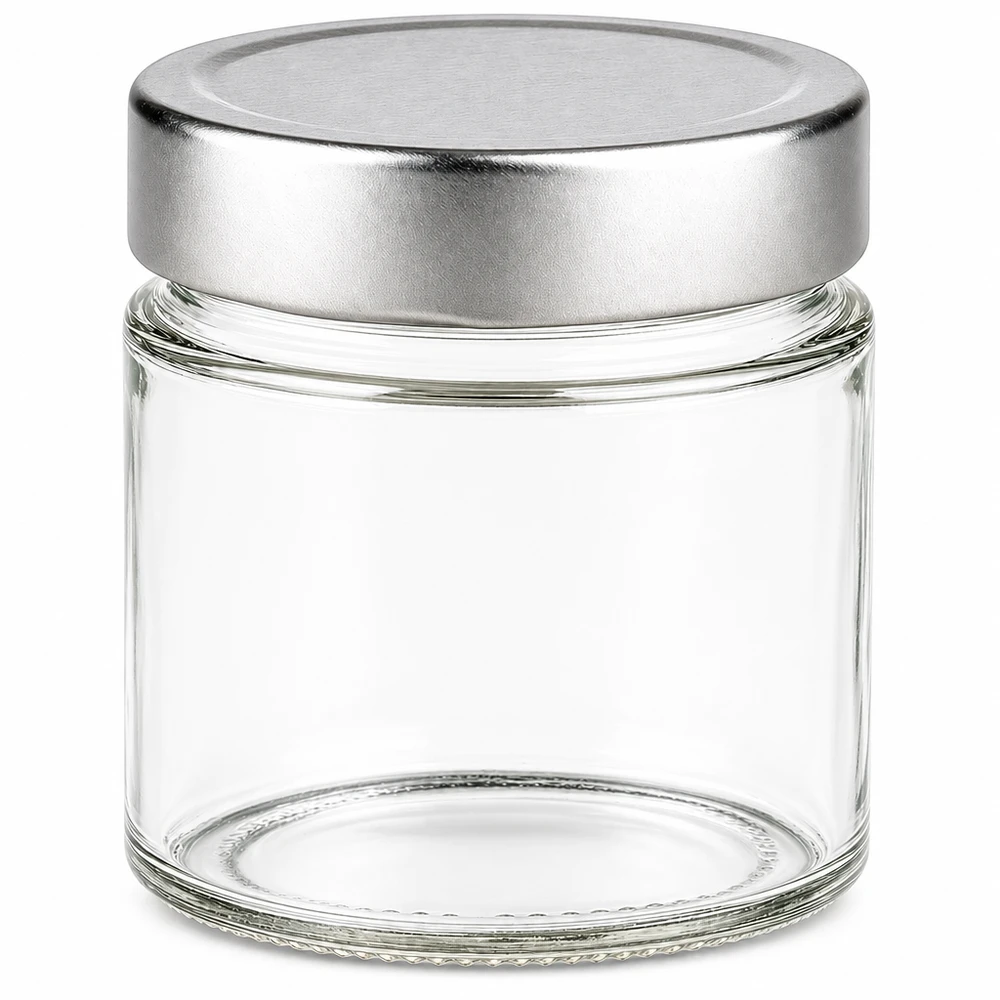 135ml Rundglas mit silbernem BasicSeal Deckel leer auf weißem Hintergrund Glaskonserve Vorratsglas