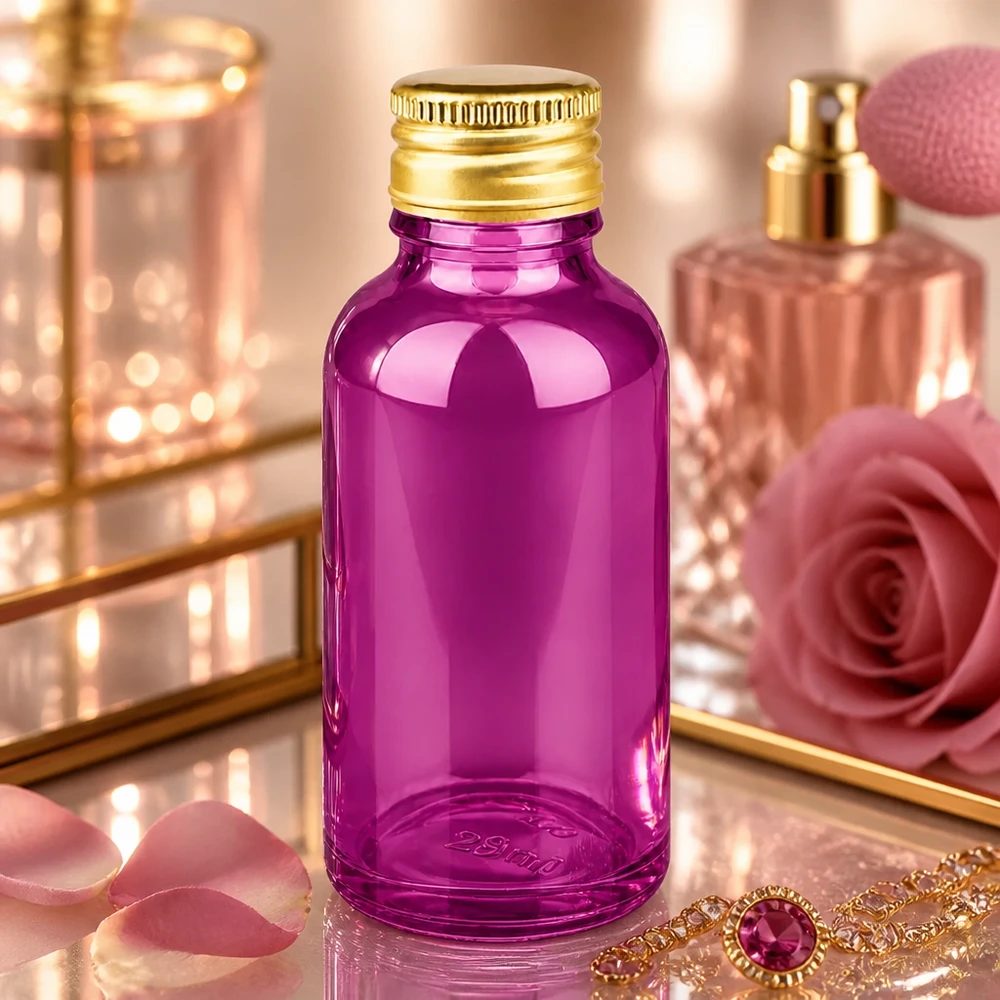 30ml Flasche 11mm Schraubverschluss Alu-Gold Standard PurpleLine. UT18/30 Premium 30ml Violettglas für Naturkosmetik mit luftdichtem SV-Verschluss und goldener Metallkappe