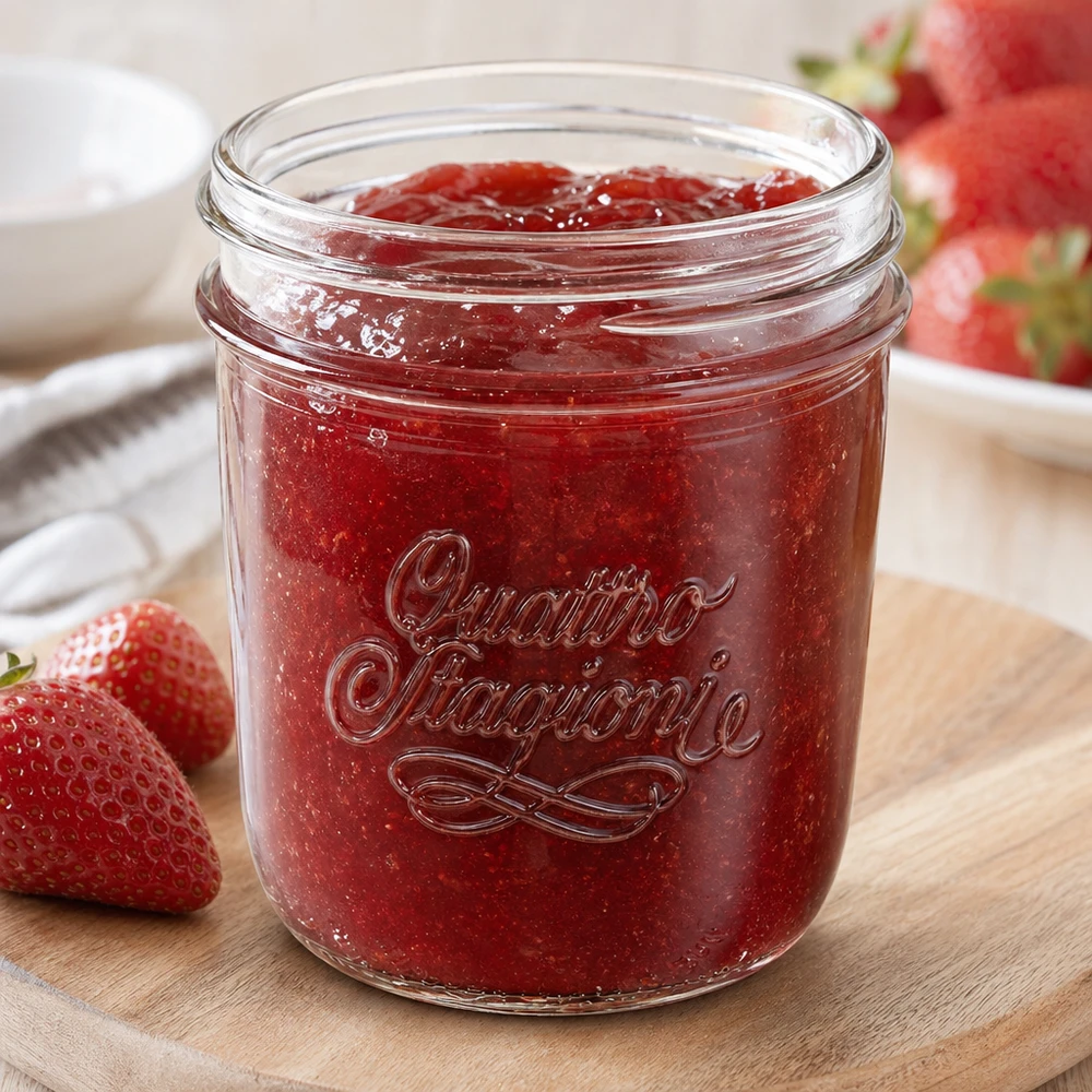 Quattro Stagioni 320ml Sturzglas mit selbstgemachter Erdbeermarmelade auf Holzbrett, ideal zum Einkochen und Aufbewahren
