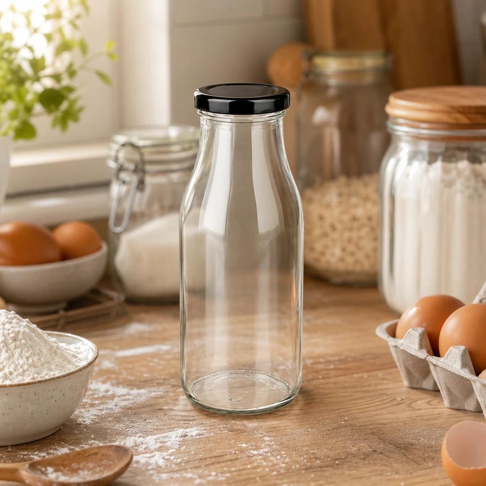 263ml Glasflasche mit schwarzem Deckel in natürlicher Küchenumgebung mit Eiern und Mehl arrangiert