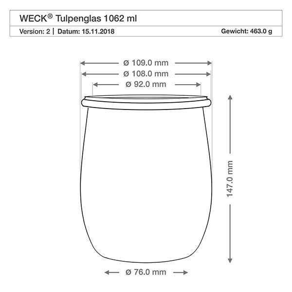 1062ml Tulpenglas mit Glasdeckel WECK RR100 Technische Zeichnung WECK Tulpenglas 1062ml RR100 mit Maßangaben Durchmesser Höhe für Küchenplanung