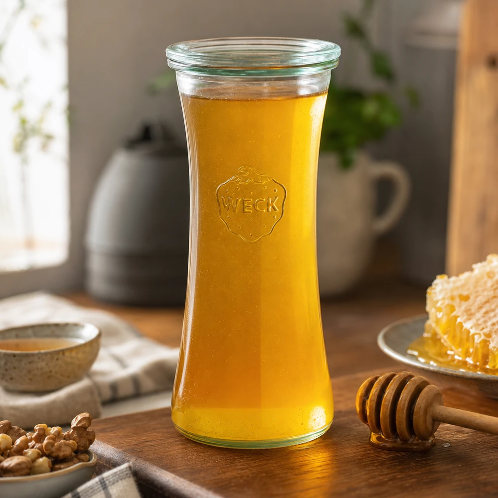 700ml Delikatessenglas mit Glasdeckel WECK RR80 WECK Delikatessenglas 700ml RR80 mit Honig gefüllt neben Honigwabe und Honiglöffel in gemütlicher Küche