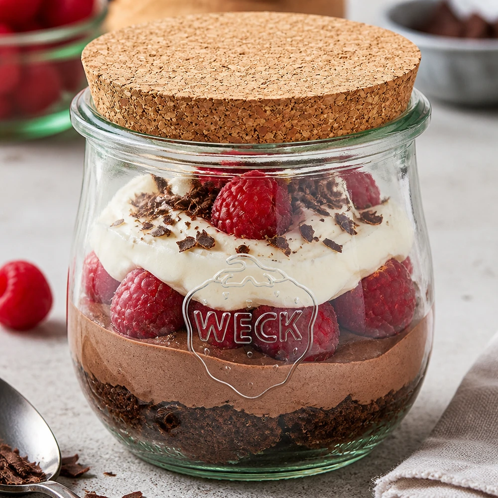 WECK Glas 370ml RR80 mit Korkdeckel als Dessertglas für Schichtdessert mit Schokolade Sahne und Himbeeren
