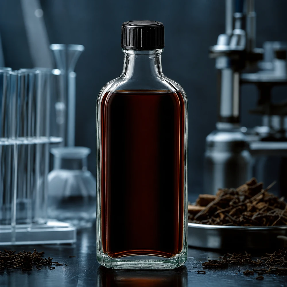 Meplat Flasche 100ml klar mit schwarzem Schraubverschluss neben Laborgeräten und Kräutern