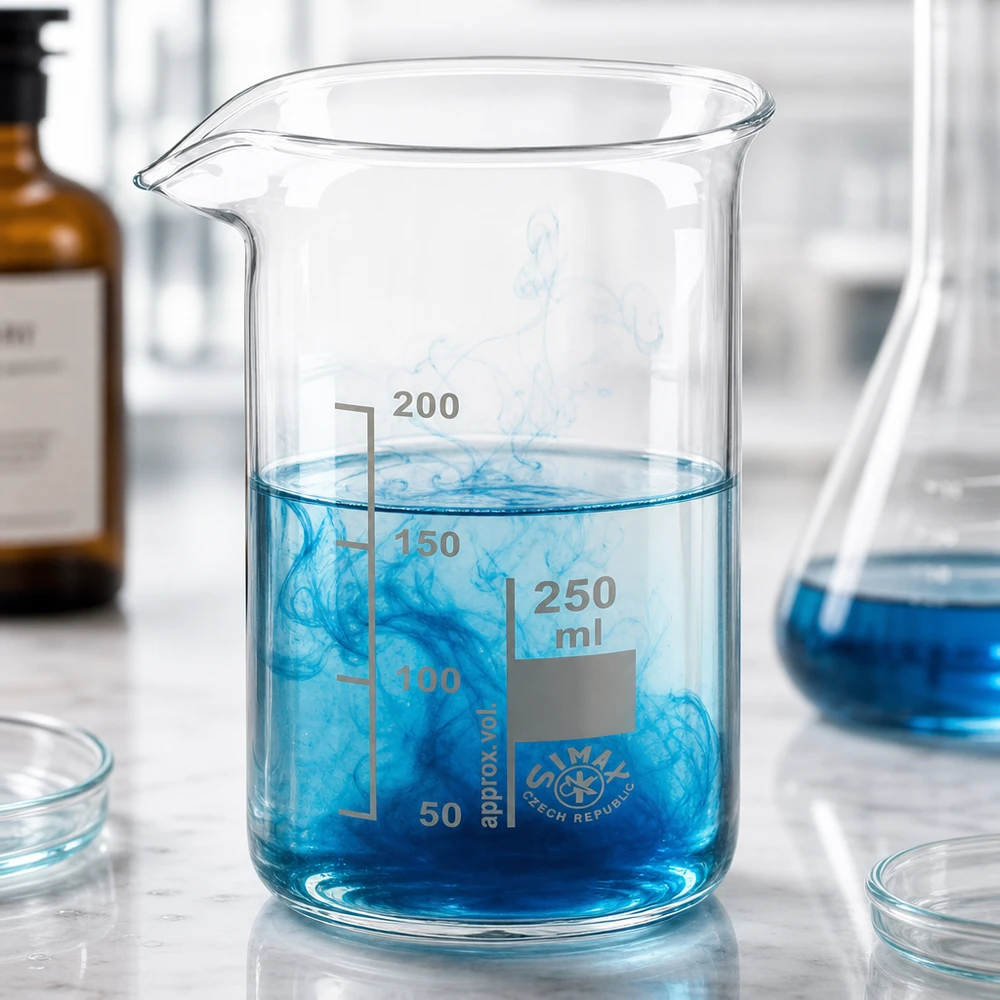 Becherglas 250ml Borosilikatglas, hohe Form Simax Becherglas 250ml Borosilikatglas mit Skalierung von 50 bis 200ml im Labor