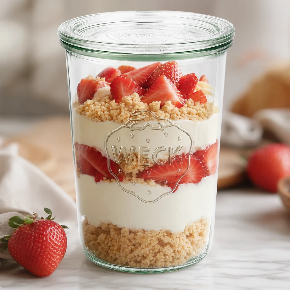 850ml Sturzglas mit Glasdeckel WECK RR100 WECK Sturzglas 850ml RR100 mit Schichtdessert aus Erdbeeren und Creme zeigt elegante Präsentation für Nachspeisen