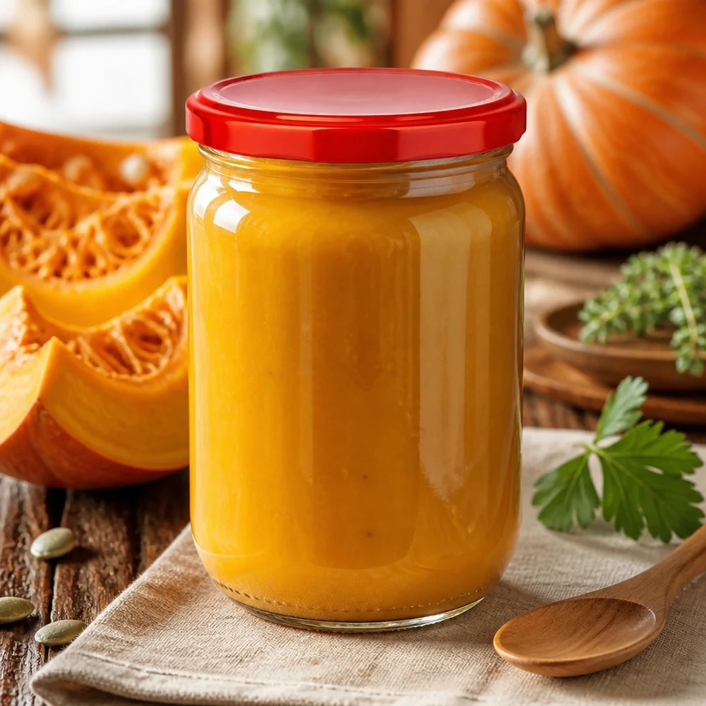 Selbstgemachte Kürbiscreme in 555ml Rundglas UNiTWIST eingeweckt mit rotem BasicSeal Deckel