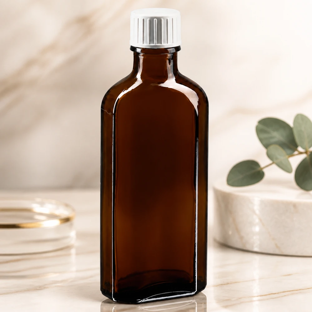 Flache Meplat Braunglasflasche 100 ml mit weißem Kindersicherheitsverschluss