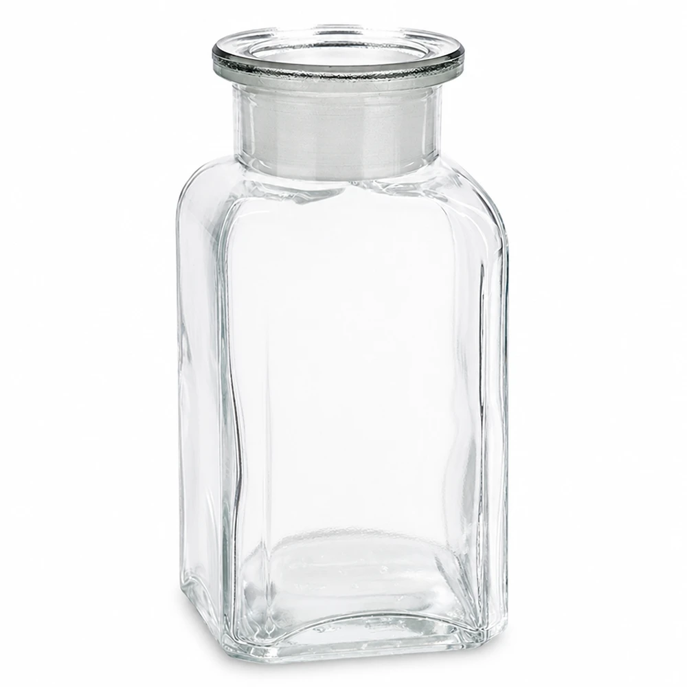 Kleine eckige Laborflasche 100ml transparent mit Glasstopfen zum Verschließen