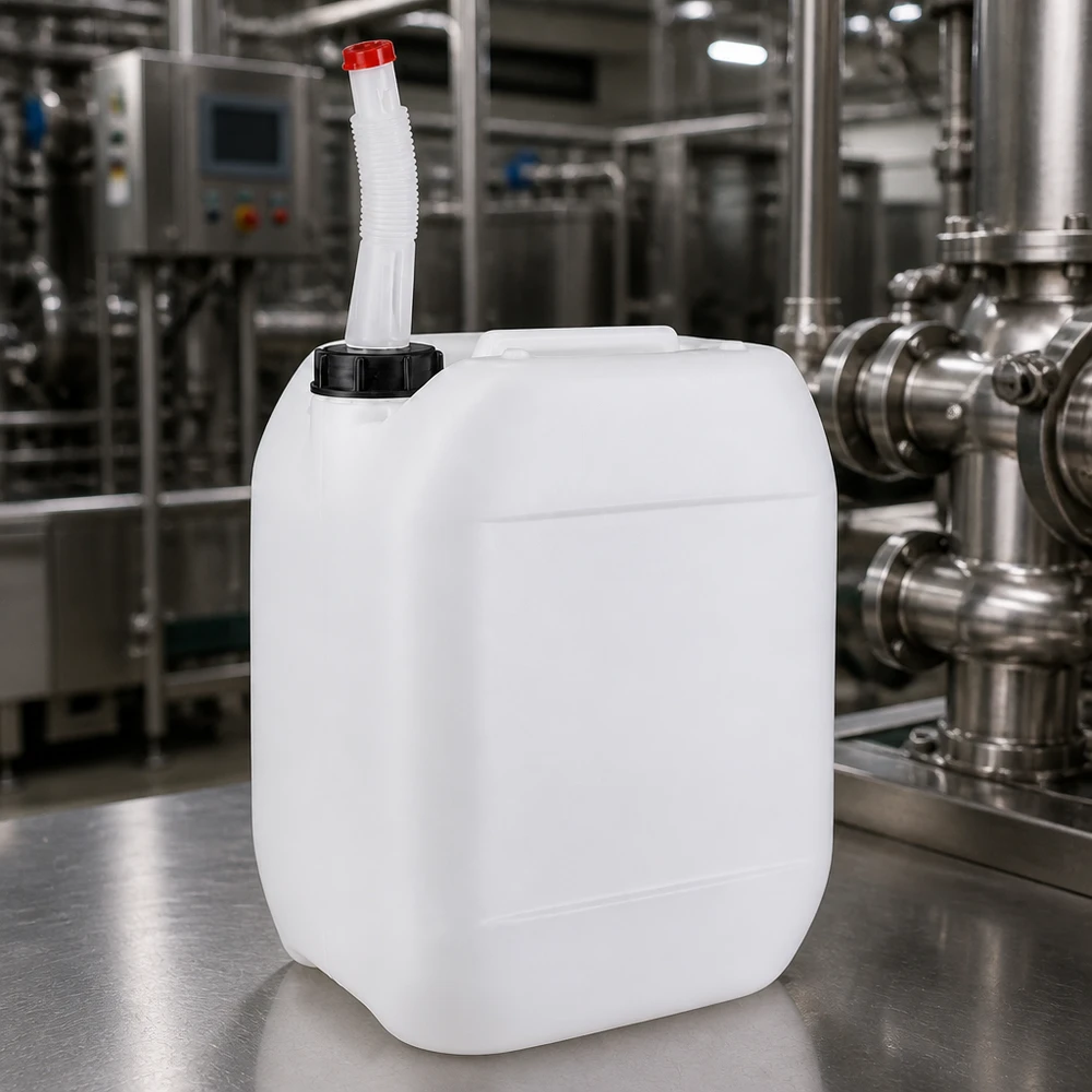 Rechteckiger Industriekanister 10 L mit Flex-Ausgießer und kindersicherem Verschlusssystem