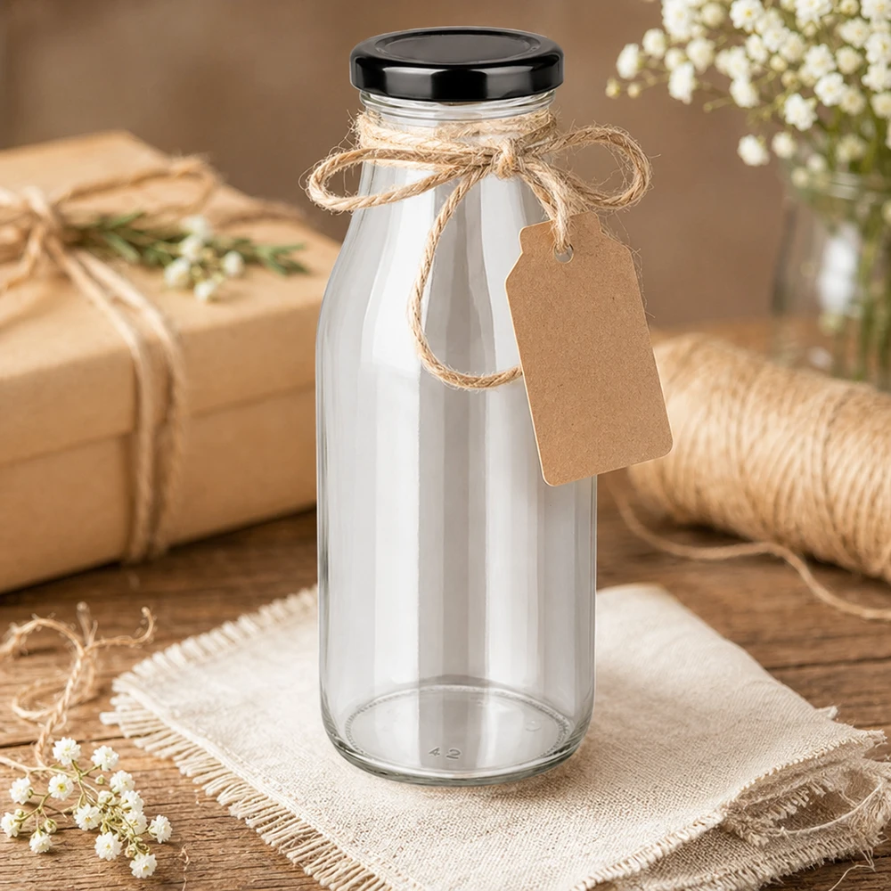 263ml Glasflasche mit schwarzem Deckel dekorativ verpackt mit Juteschnur und Geschenkanhänger auf Holztisch