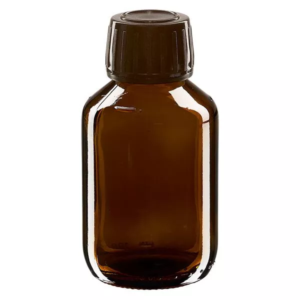 100ml Medizinflasche braun, Verschluss braun mit Originalitätsring ApoGlas 100ml Medizinflasche braun, Verschluss braun mit Originalitätsring ApoGlas