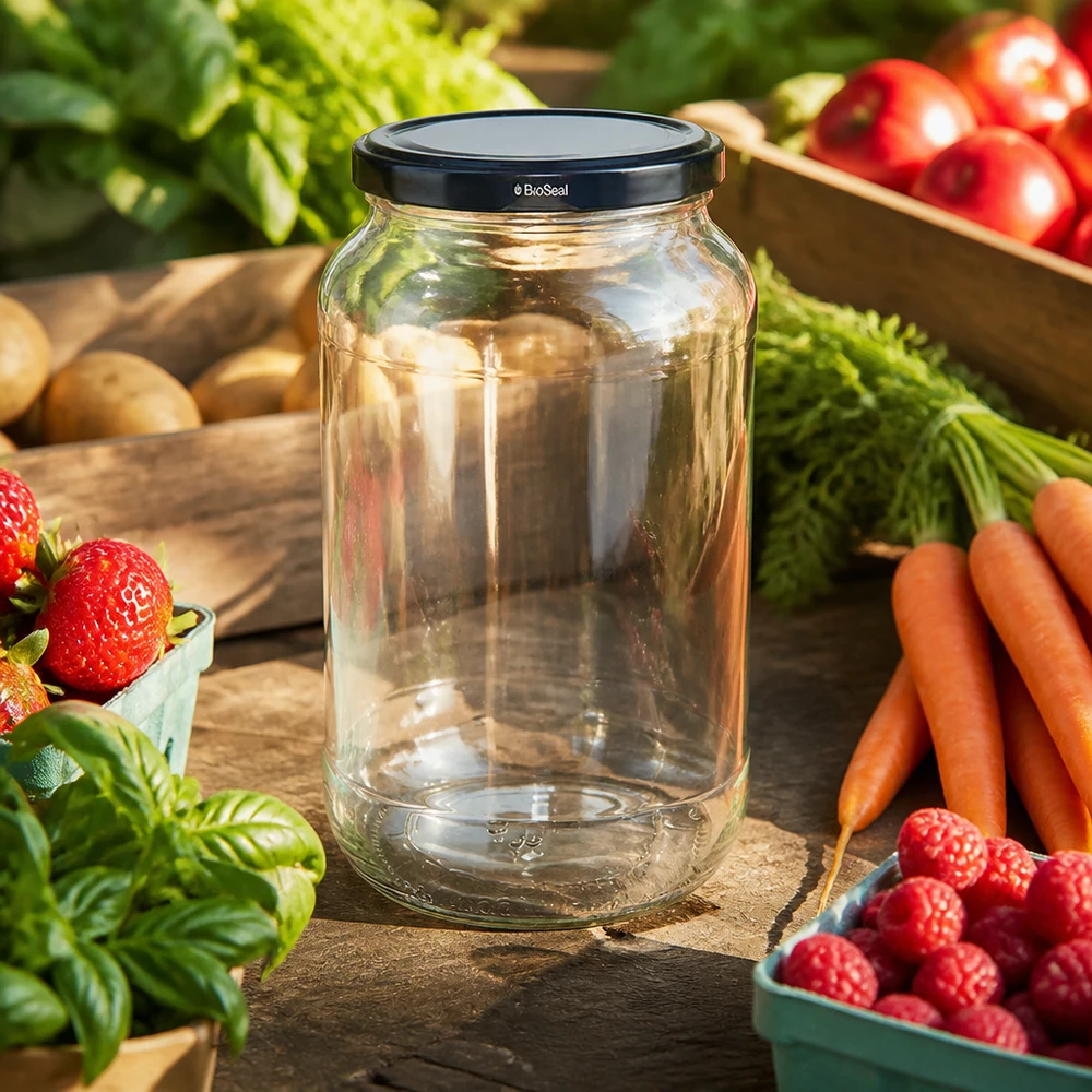UNiTWIST Rundglas 1062 mit schwarzem TO82 BioSeal Deckel umgeben von frischem Gemüse Obst Lebensmittelaufbewahrung