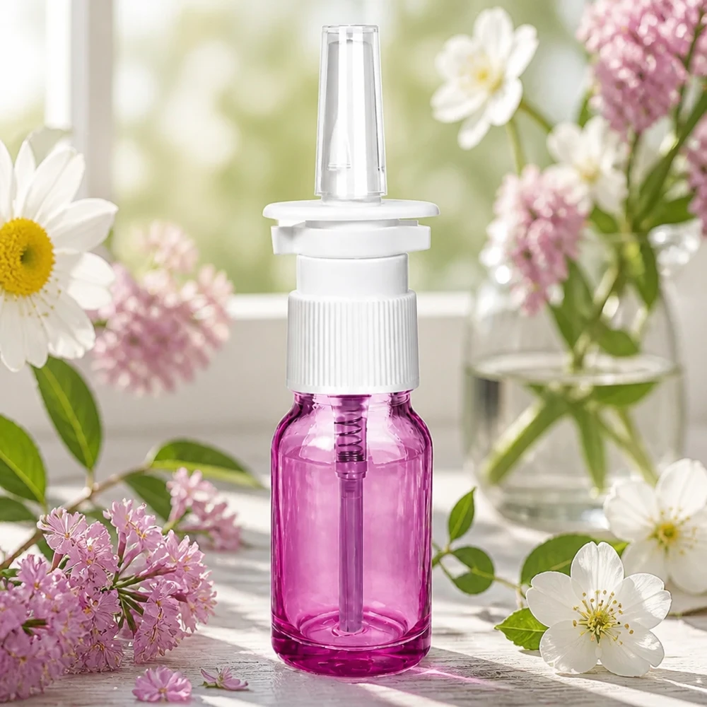 10ml Nasensprayflasche weiß/transparent Standard PurpleLine. UT18/10 Medizinische Nasensprayflasche 10ml aus hochwertigem Glas in Purple Light Ausführung