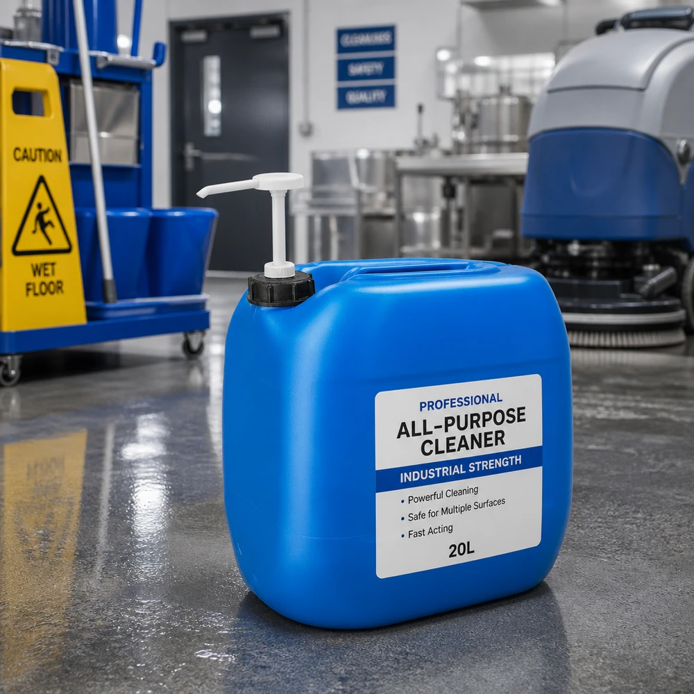 Blauer Flüssigkeitskanister 30L mit Dosierpumpe neben Warnschild und Bodenreinigungsmaschine
