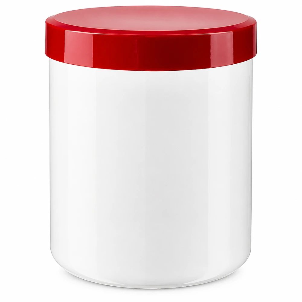 Salbenkruke 250g weiß mit rotem Schraubdeckel (Polypropylen) Leere Salbenkruke 250g aus Polypropylen mit farbigem Deckel rot