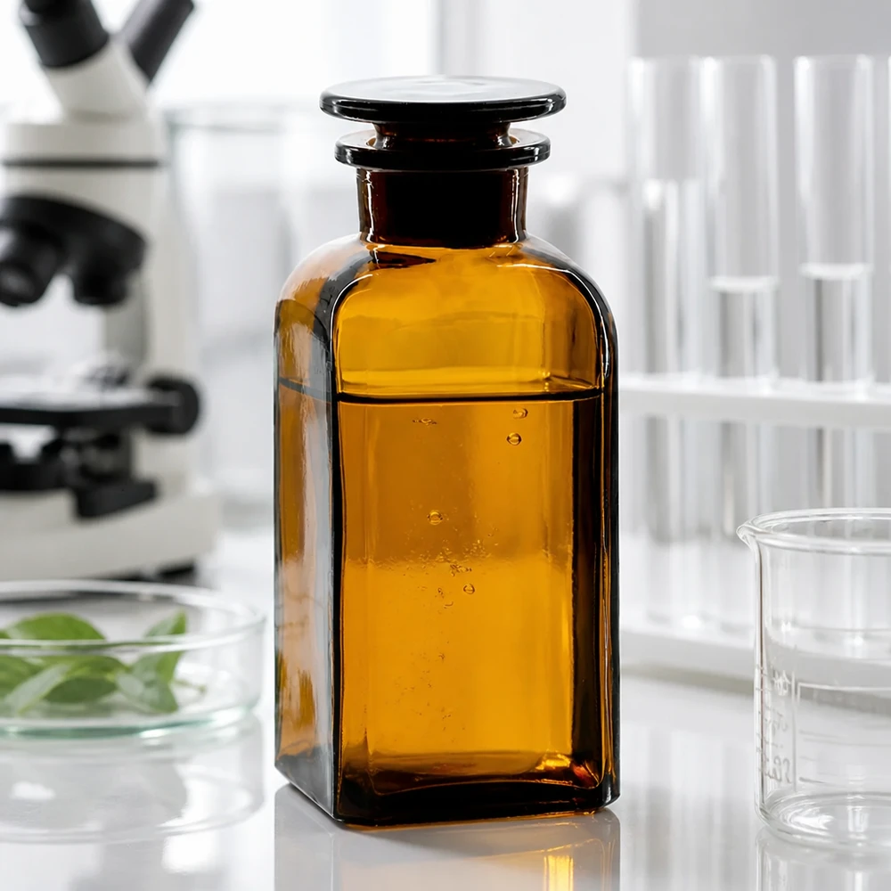 Vierkantflasche 350ml braun Weithals Glasstopfen Pharmaflasche 350ml braun mit Glasstopfen und Petrischale neben wissenschaftlichem Mikroskop