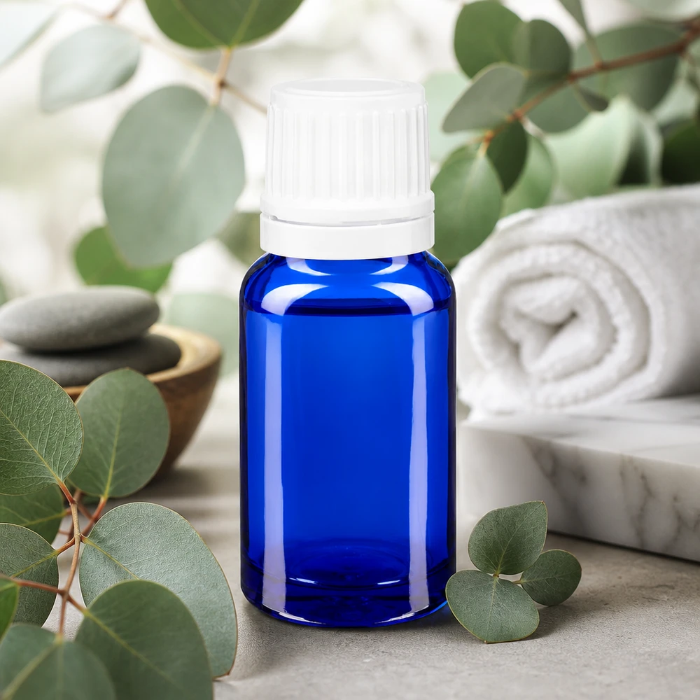 Kleine blaue Apothekerflasche aus UV-Schutzglas mit kindersicherem Weißdeckel