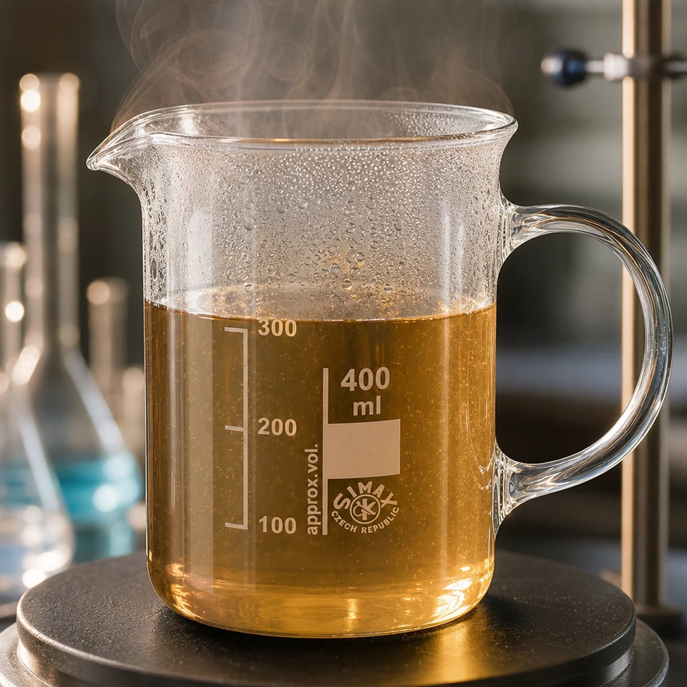 Becherglas 400ml Borosilikatglas, mit Henkel Becherglas 400ml mit Henkel kochende Lösung Dampfentwicklung Laborglas Tschechien Simax