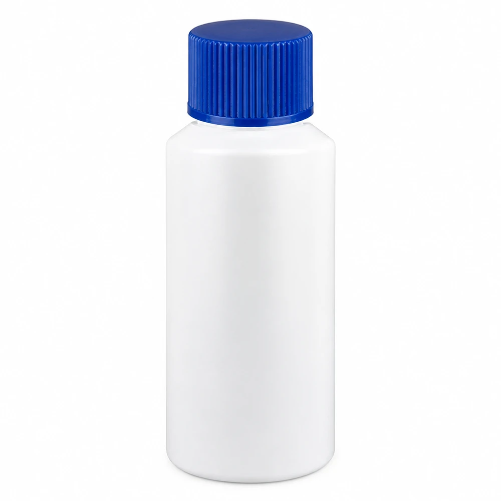 Apothekenflasche HDPE 30ml weiß, mit blauem Schraubverschluss 30ml HDPE Flasche weiß mit blauem geripptem Schraubdeckel für Medikamente und Chemikalien