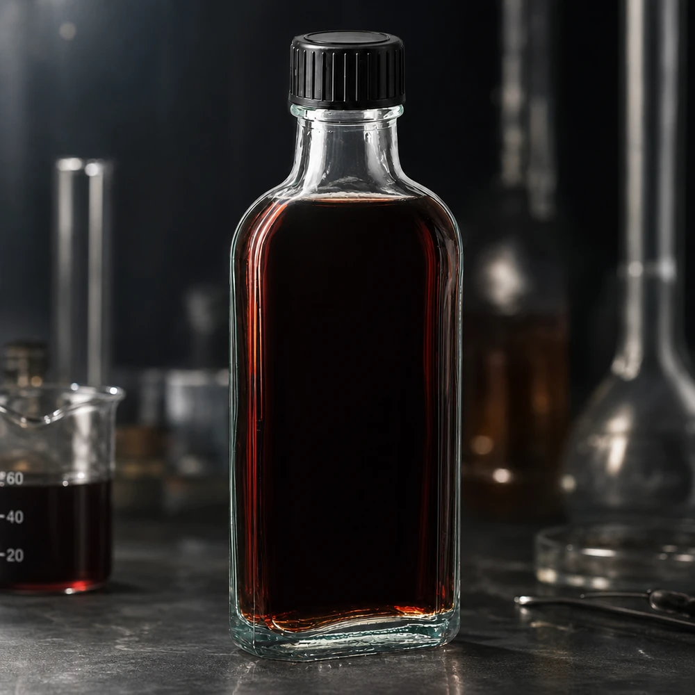 100 ml Meplat klar Schraubverschluss mit EPE-Dichtscheibe Rechteckige 100ml Apothekerflasche aus Klarglas mit EPE-Dichtscheibe und dunklem Flüssigkeitsinhalt