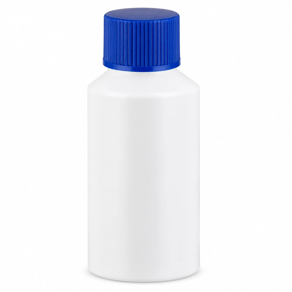 50ml Apothekenflasche weiß mit kindersicherem blauem Schraubverschluss aus HDPE