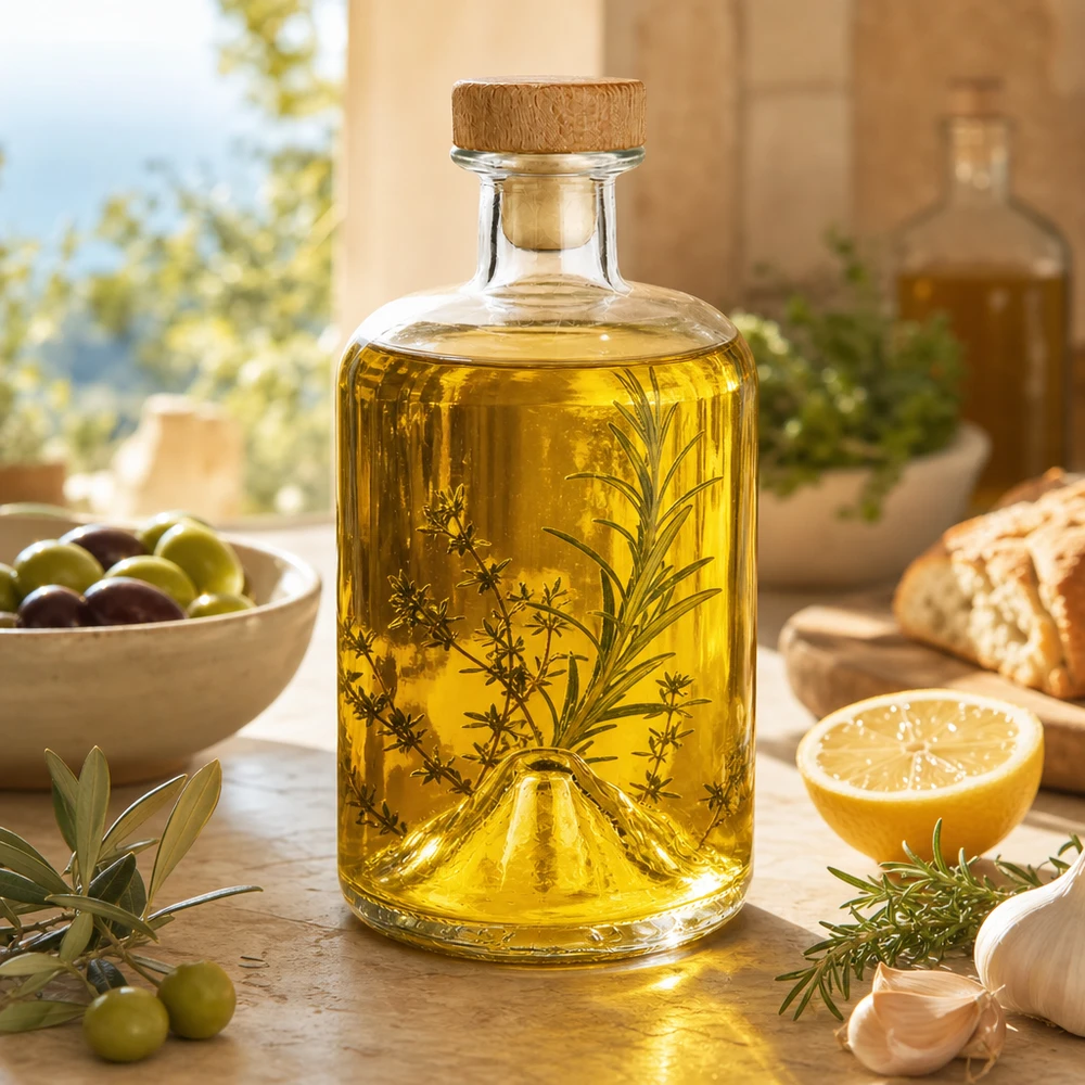 500ml Apothekenflasche "Classic" mit Holzgriffkorken UNiTWIST® 500ml Glasflasche Sofia mit Kräuteröl befüllt Lifestyle-Foto mit Oliven Brot Zitrone mediterrane Küche Deko