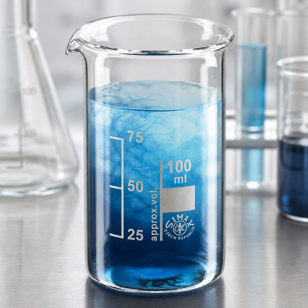 Becherglas 100ml Borosilikatglas, hohe Form Becherglas hohe Form 100ml mit sich vermischender blauer Flüssigkeit und Wirbelmuster