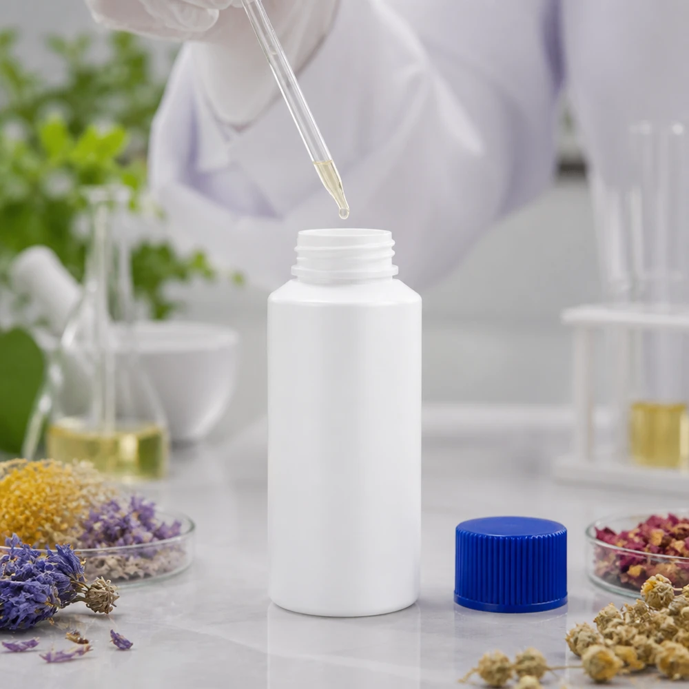 Pipette befüllt 30ml HDPE Pharmaflasche weiß mit blauem Schraubverschluss neben Lavendel